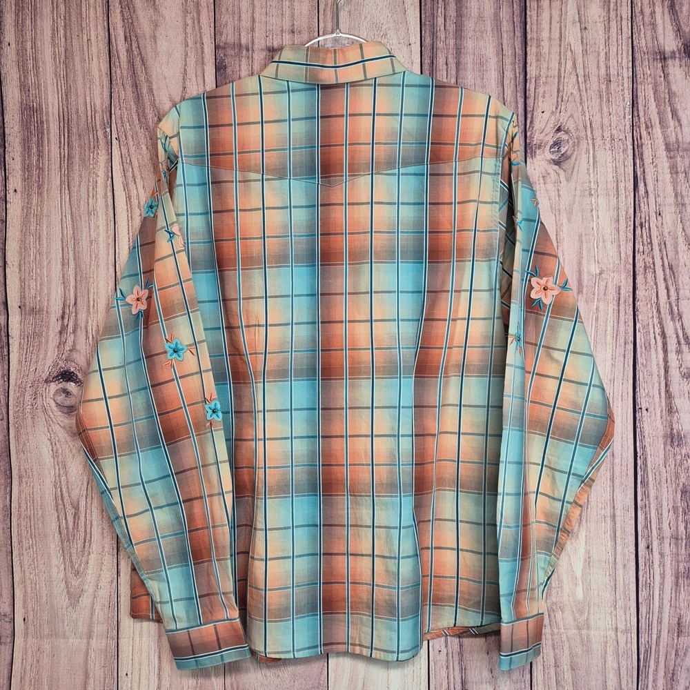 Panhandle Slim Womens L Plaid Floral Appliqué Western Pearl Snap Shirt Top - Picture 5 of 9